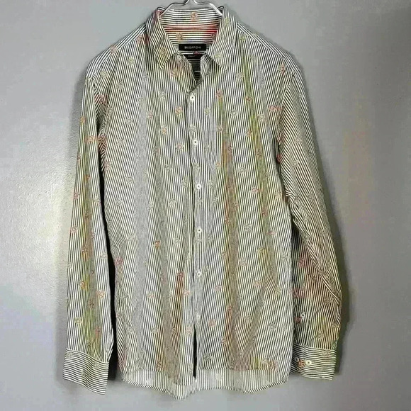 Bugatchi Men's Shaped Fit Spring Rose Print Pin Stripe Button Up Shirt sz M - Picture 1 of 11